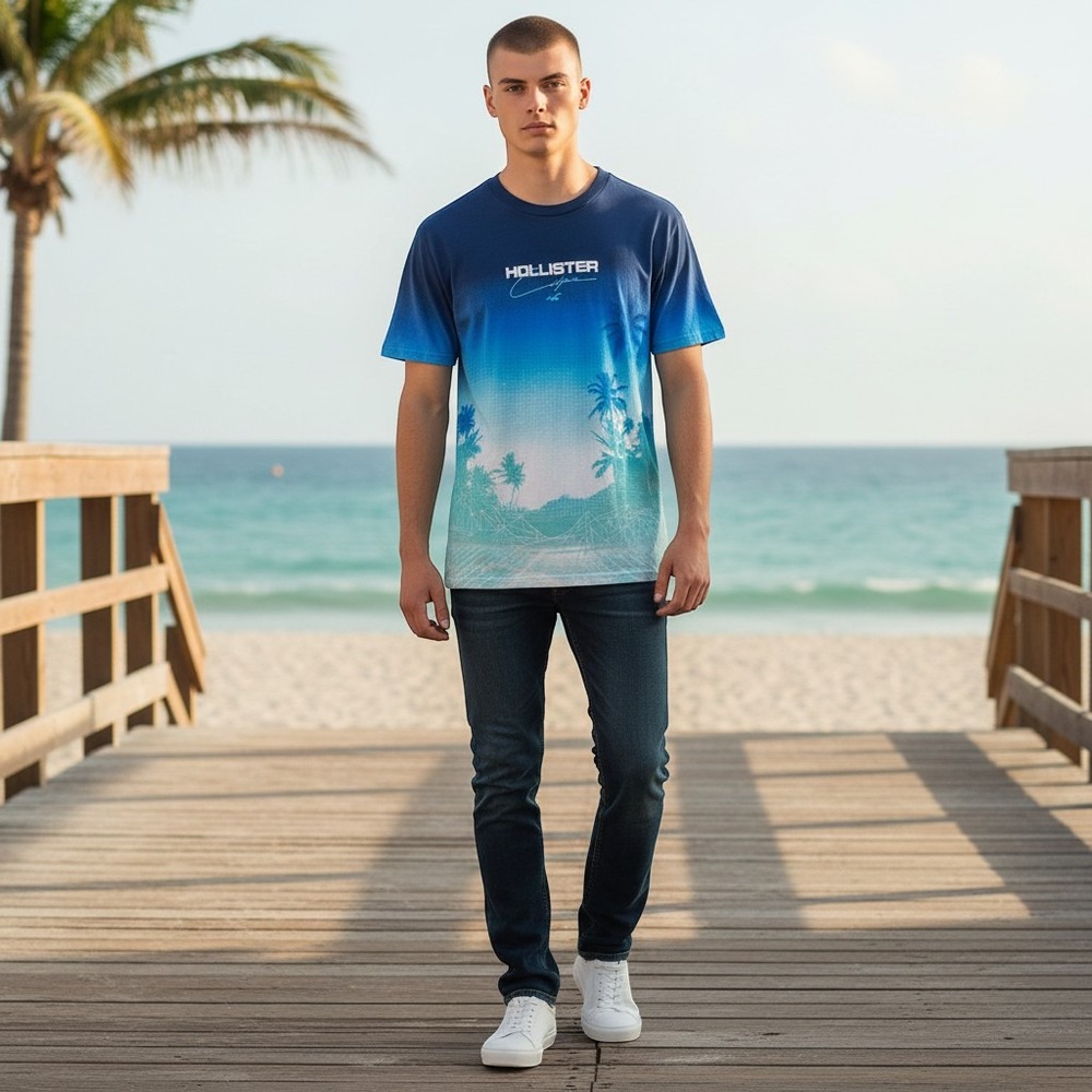 Hollister Graphic Tee Small Blue Ombre Excellent Palm Tree California Surf Shirt